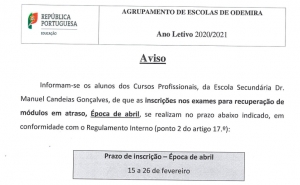 Cursos Profissionais: Inscri&ccedil;&atilde;o nos exames para recupera&ccedil;&atilde;o de m&oacute;dulos em atraso - &Eacute;poca de abril